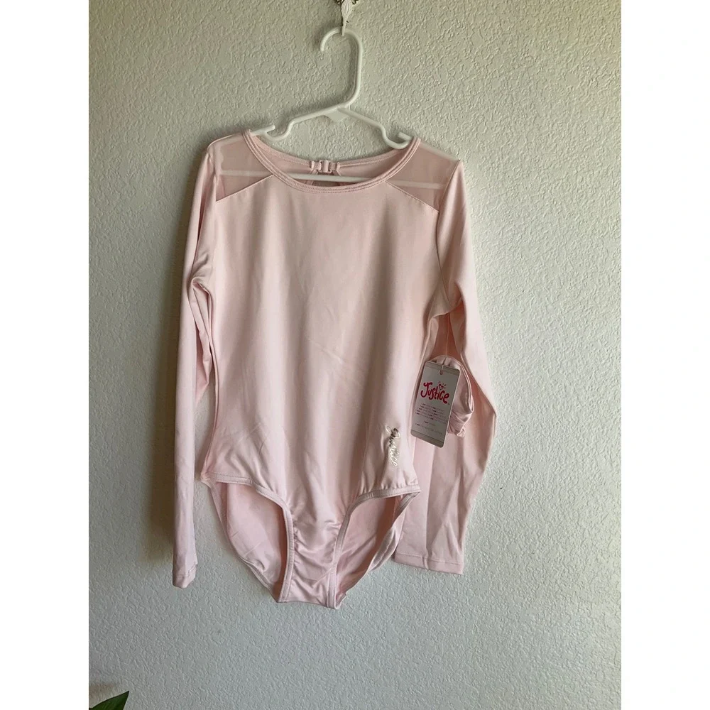 Justice Girls Pink Long Sleeve Leotard with Scrunchie Mesh Keyhole Back XL 16/18